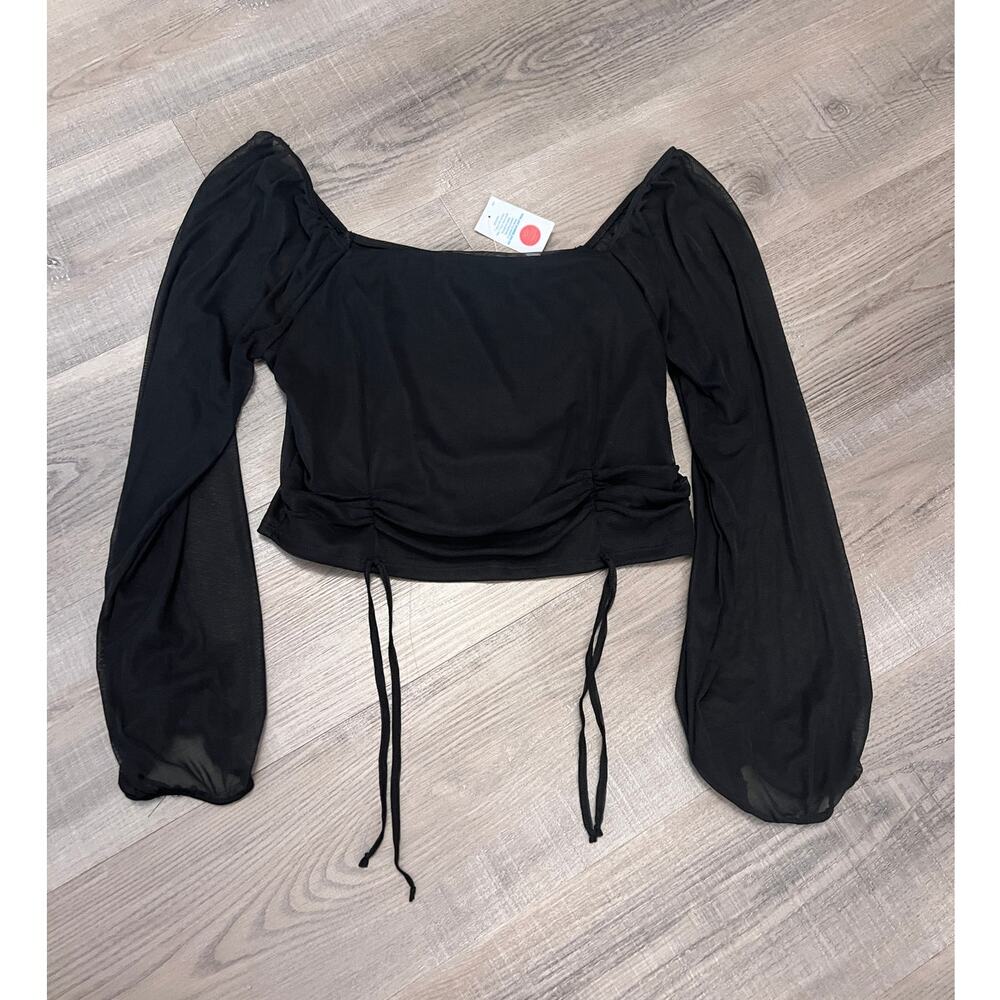 NWT Ambiance Black Sheer Longsleeve Ruched Top